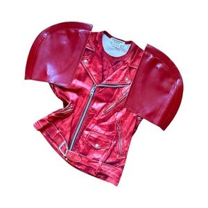 RARE Junya Watanabe CDG Red Trompe L’oeil Moto Jacket T-shirt Leather Cap Sleeve